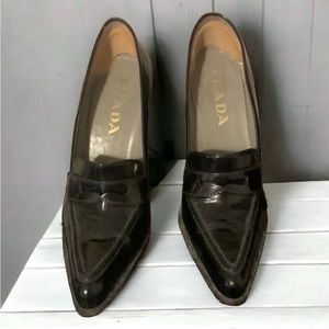 Prada black patent leather block heeled loafers